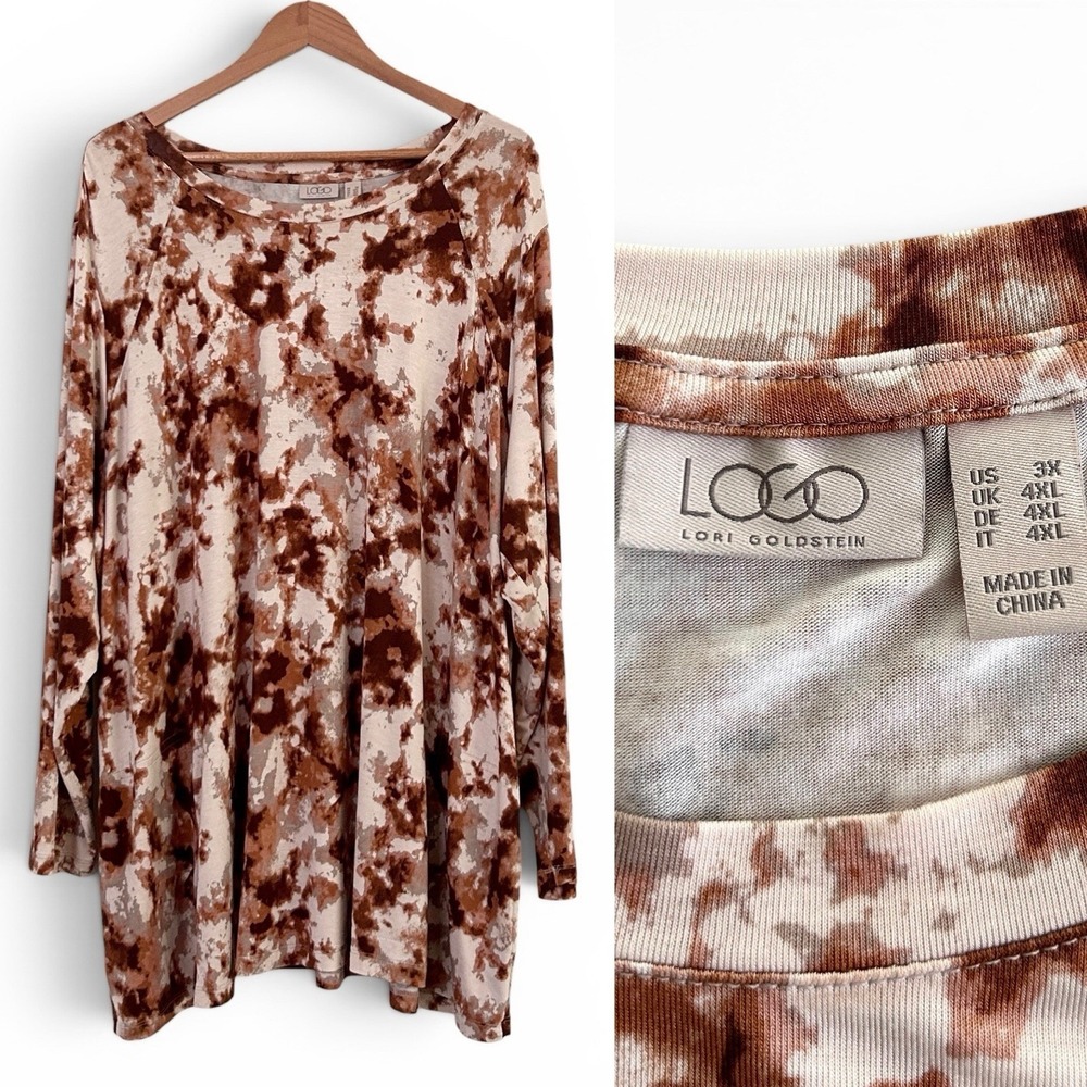 Logo by Lori Goldstein Sz 3X Brown Multicolor Tie Dye Long Sleeve Tunic Top